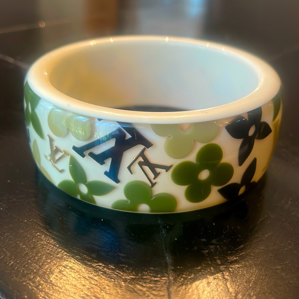 Louis Vuitton Paris Lucite Wide Bangle Bracelet.  Ivory, Green and Gold.